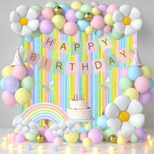 Pastel Party Decorations Set - Includes Birthday Banner Foil Fringe Curtains Pastel Balloon Arch Kit & Foil Balloons 3D Butterfly Stickers for Kids Birthday Baby Shower Decorations