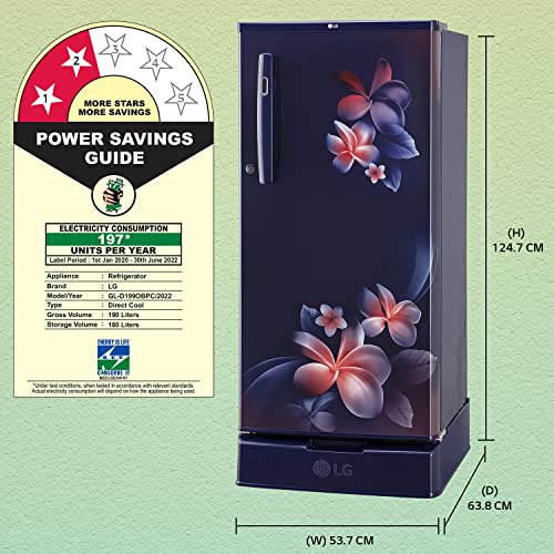 Image of LG 190L 2 Star Direct-Cool Single Door Refrigerator (GL-D199OBPC, Blue Plumeria, Base stand with Drawer)