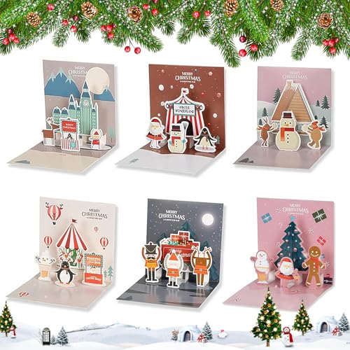 AIBAOBAO 3D Christmas Cards, 6PCS Pop Up Christmas Cards with Envelopes Merry Xmas Season Greetings Cards, New Year Merry Xmas Cards Pop Up 3D Effect MultiPack for 2026 Gift, Kids