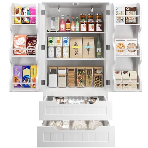 Image of Gizoon Kitchen Pantry Storage Cabinet with Drawers Freestanding Bathroom Storage Cabinets with Doors and Shelves, 47" Small Food Pantry Cabinet for Dining Room Craft Room, White