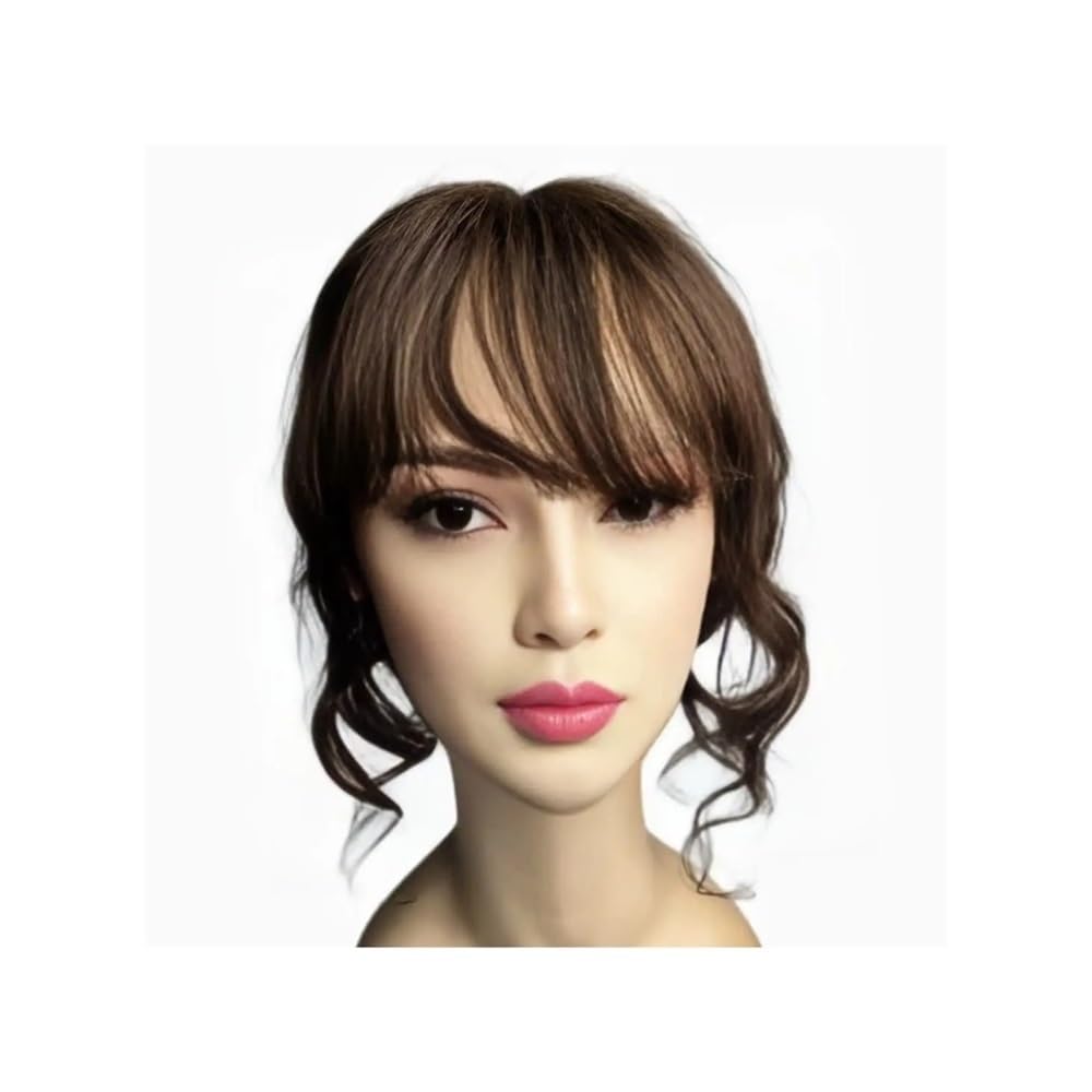 Topper de cheveux humains bouclés de vague de corps de 14 pouces for les femmes, avec 3 clips, postiches avec frange Extensions de cheveux(Dark Brown)