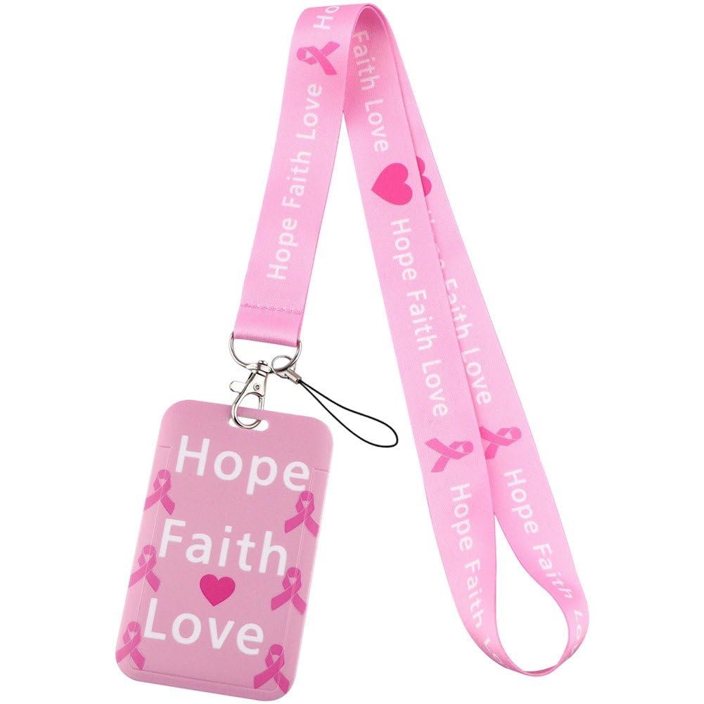 Uzztfa Women's Pink Breast Cancer Awareness Lanyard Id Badge Holder Ribbon Keychain Lanyard Accessories For Keys & Id Badges For Girls Teachers