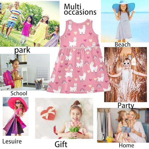 Girl Sleeveless Dress Summer Tank Play Dress Outfit Rainbow Heart Happy Alpaca Pink 2T-8T2