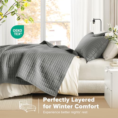 Comfort Spaces Kienna Quilt Set- Double Sided Stitching Design Summer Blanket, Lightweight, Soft, All Season Bedding Layer, Matching Sham, Charcoal, Coverlet Full/Queen(90"x90") 3 Piece