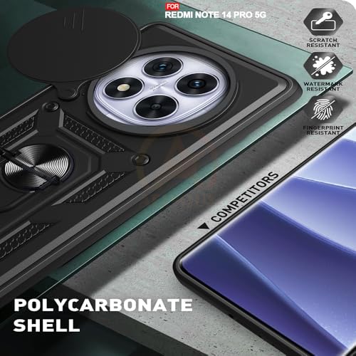 Image of Armor Bumper Back Cover Case for Redmi Note 14 Pro 5G Rotating Camera Cover, Ring Holder & Kickstand | Heavy Duty & 360 Degree Protection Redmi Note 14 Pro 5G Back Cover (Black)