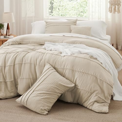 Image of Bedsure Queen Comforter Set - 4 Pieces Pinch Pleat Bed Set, Linen Boho Bedding for All Season, 1 Soft Comforter, 2 Pillowcases, 1 Decorative Pillow