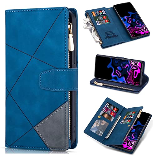 ESONG Funda para Xiaomi Poco X3/X3 Pro/X3 NFC,Ultra Delgada Cuero Billetera Vuelta,con Tarjetero y función Atril,Cremallera y Cierre magnético - Azul Cover