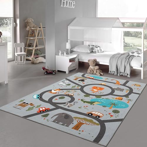 Teppich-Traum Kinderteppich Kinderzimmer Teppich waschbar rutschfest Spielteppich Safari Straßen...