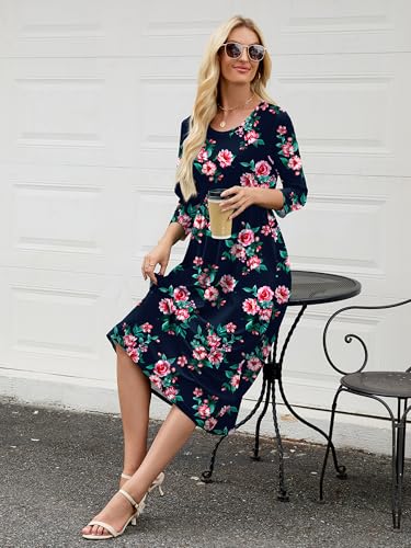 Image of Heymoments Women's Casual 3 /4 Sleeve Midi Dress Crewneck A Line Tiered Flowy Loose Travel Long Dresses with Pockets