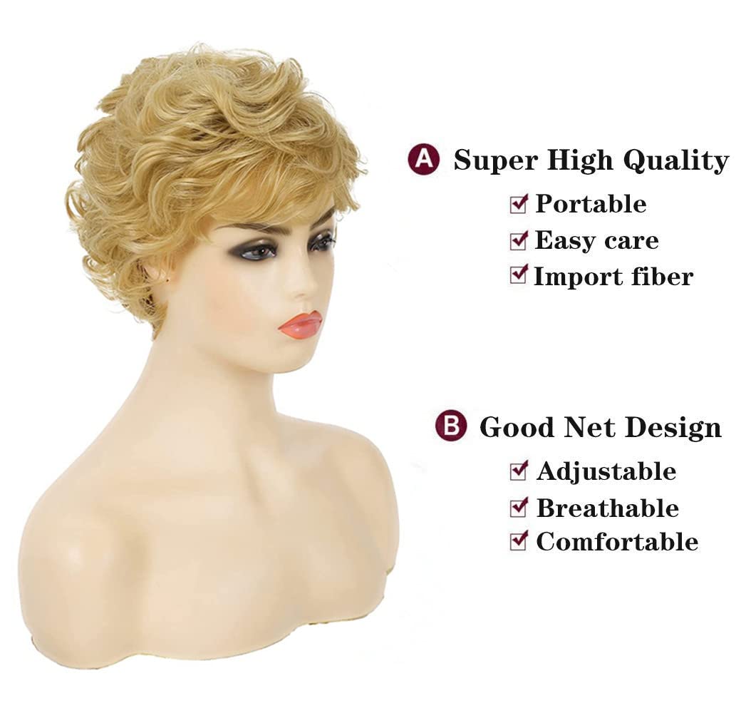 Perruque Courte Femme Bouclée Blond Clair Très Clair (Light Blond Wick) - Synthétique, Taille Moyenne, Réf. LADY 15t613