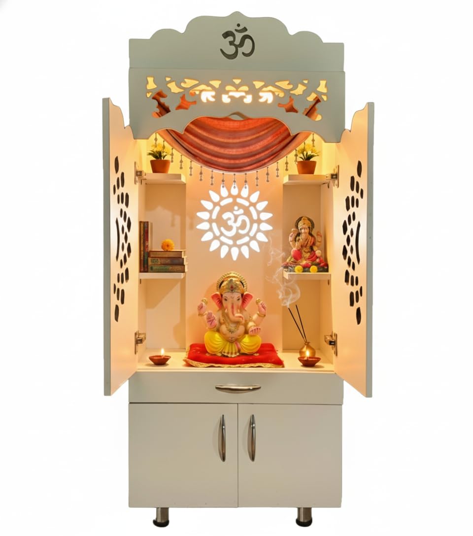 5 feet X 2 Feet Premium Wooden Temple for Home with Door (Pre-Assembled) Modern Pooja Mandir with LED Light,Storage Cabinet & OM Design I Pooja Stand for Living Room & Office | Devghar