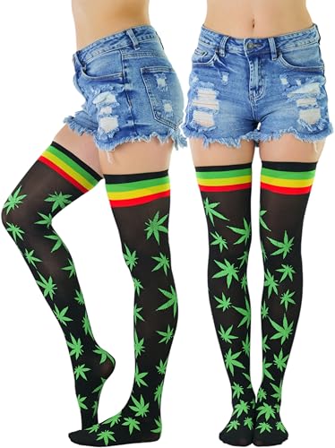 Image of ToBeInStyle Women's Thigh High Stockings Bodystocking Tights Medicinal Cannabis Marijuana Weed Leaf Print Festival Hosiery