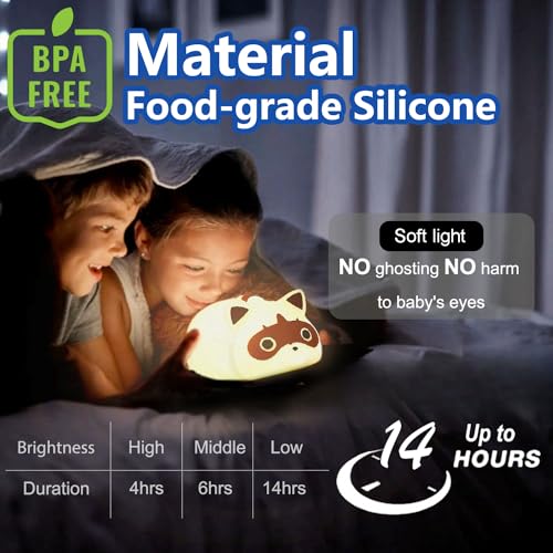 JIMEI Night Light for Kids Raccoon Cute Led Lamp Bedside Lamp Baby Nursery Bedroom Dimmable Rechargable Touch Control Table Desk Lamp Cool Stuff Fun Kawaii Room Decor Aesthetic Novelty Accessories