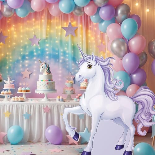 Image of Geelin 4.9 Feet Unicorn Cardboard Standup Cutout Life Size Unicorn Theme Party Decoration Backdrop Photo Prop Stand Up for Theme Birthday Baby Shower Wedding Party Decor