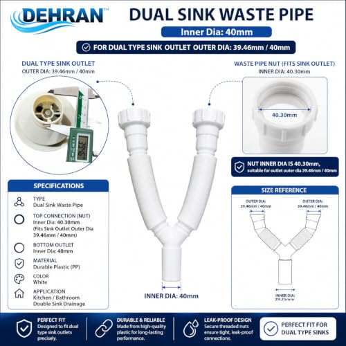 Image of DEHRAN Dual Sink PVC Waste Pipe, 40mm Nut Connector, 750mm (2.5 Ft) Flexible Drain Connector for Kitchen Sink, Universal Fit for 2 Sink /Basins