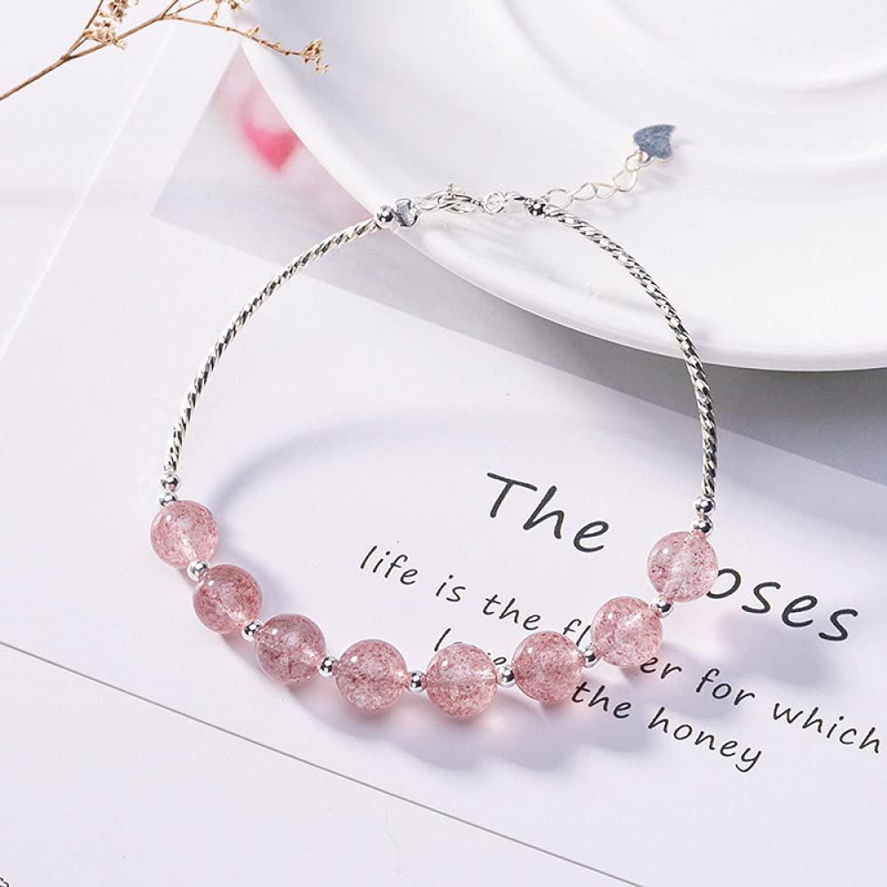 Girls Accessories Bracciale in Argento Sterling 925 Vintage per Donna Semplice Cristallo Naturale di Fragola Rosa Dolce Classico Fascino di Gioielli Spiaggia Estiva Birthday Gift