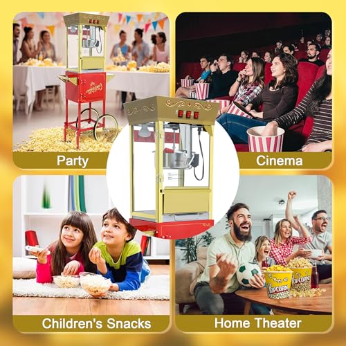 Image of Popcorn Machine with Cart & Wheels - Popcorn Maker with 14OZ Stainless Steel Kettle, popcorn popper for Home, Parties, Movie Theater, Red