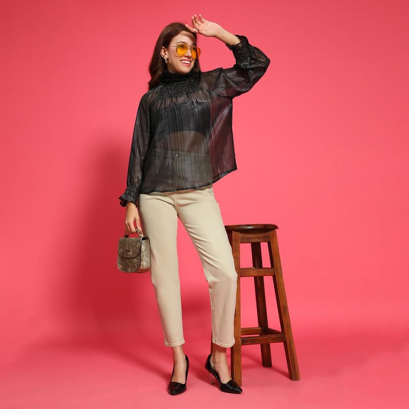 Image of oxolloxo Women Round High Neck Long Sleeve Semi Sheer Top