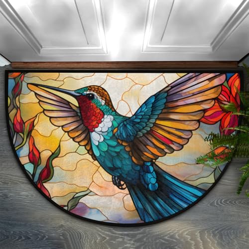 Image of Half Round Door Mat Hummingbird Bird Animal Flower Non-Slip Semi Circle Area Rug Washable Half Moon Hearth Rugs for Indoor Outdoor Bathroom Kitchen Patio Runner Mat Laundry Room Home Decoration