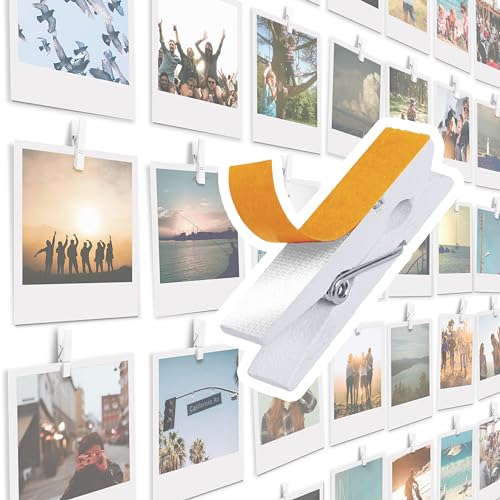 20 Pack Mini Self Adhesive Clips for Pictures - White Wood Clip Photo Holders for Wall, Poster Hanger, Photo Cards Hanging Display Board & Picture Boards, Artwork Photos Holders Card Room Decor