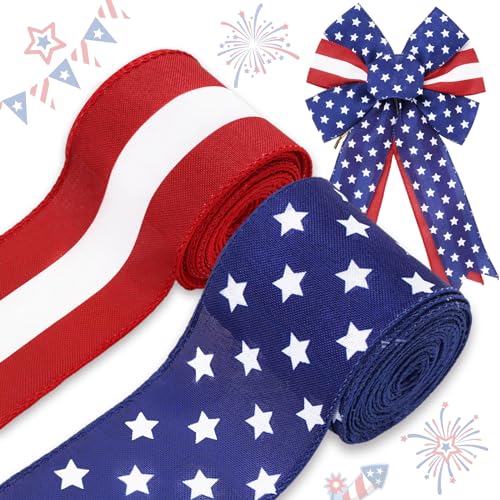 Generic AnyDesign Patriotic Wired Edge Ribbon Star Stripes Craft Ribbon 4th of July Fabric Ribbon for Independence Day Wreath Bow Making DIY Wrapping Party Decor Supplies, 2 Rolls, 20 Yard