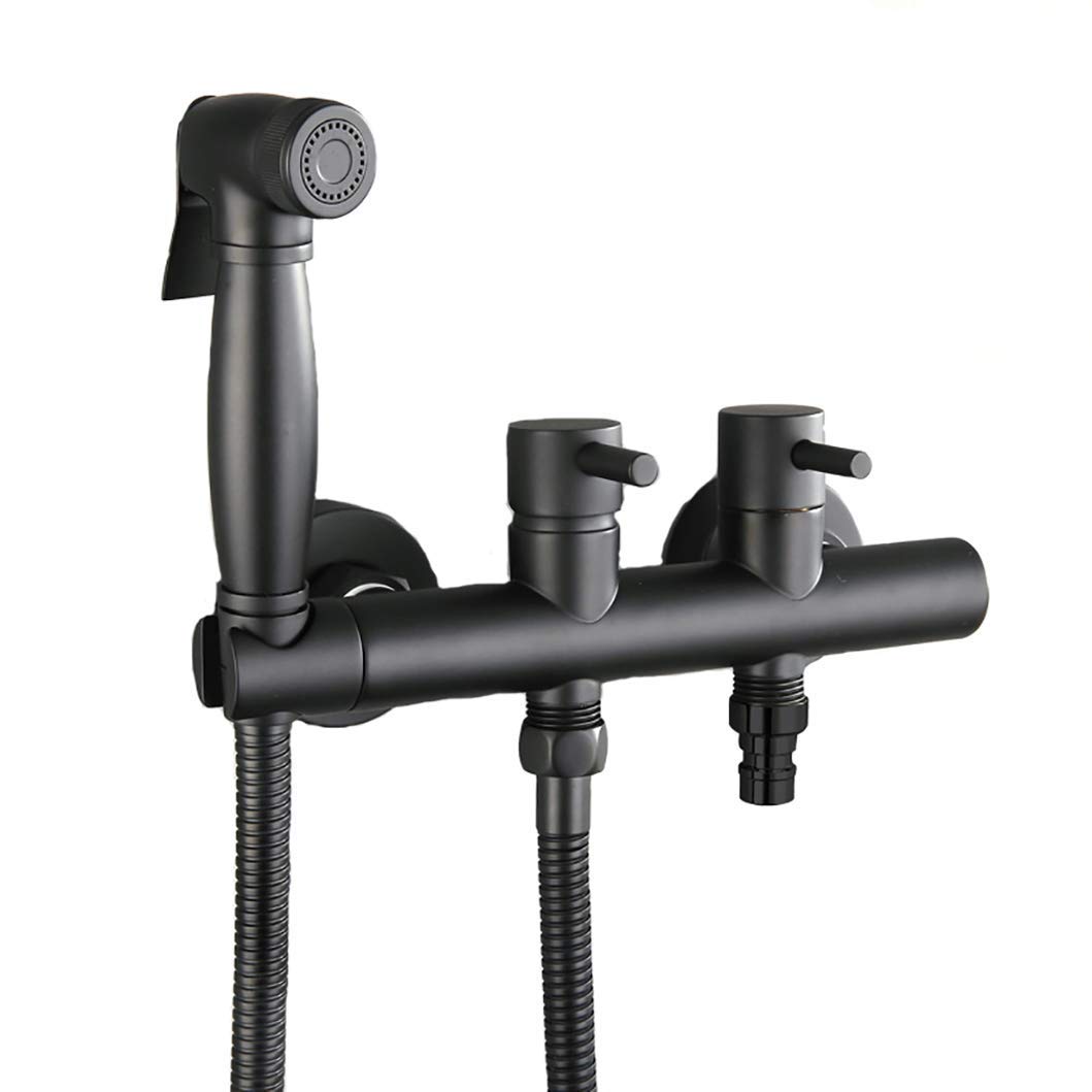 Bidet con acqua calda e fredda in ottone, doccetta per bidet, spruzzatore per WC, doccia igienica, set di rubinetti per bidet a parete con ugello booster, nero (A) (Nero (A))