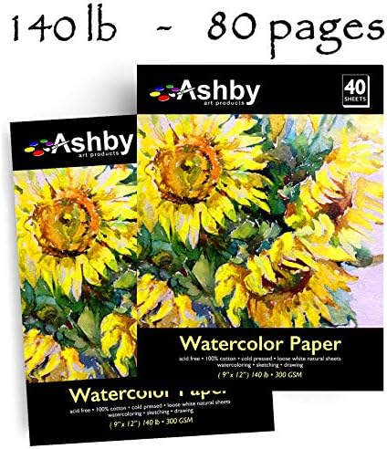 Ashby - Practice Watercolor Paper - 9" x 12" (80 Sheeets) - 100 Percent Cotton, Acid-Free, Loose White Sheets.