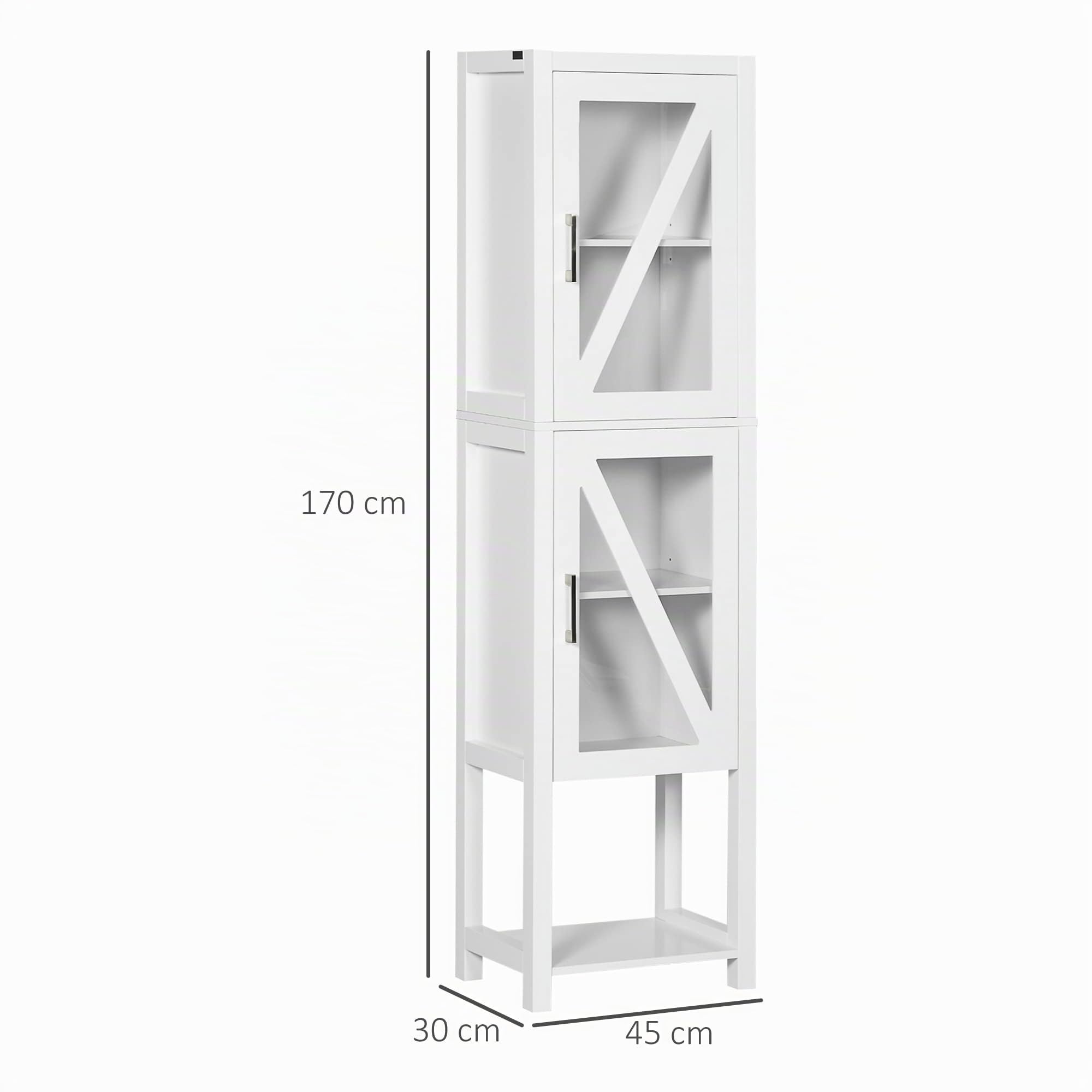 kleankin Columna Auxiliar de Baño 2 Puertas de Vidrio 45x30x170 cm Blanco | Armario Alto de Baño, Estantes Ajustables, Estante de Almacenamiento
