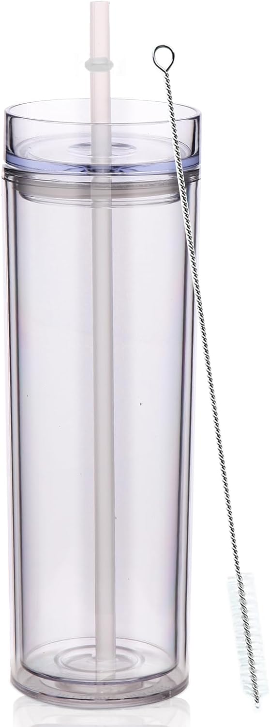 Volhoply 20oz Plastic Skinny Tumbler,Double Wall Tumblers with Lid and Straw,Reusable Travel Iced Coffee Mug,BPA Free Matte Acrylic Water Cups With Straw for Parties,DIY Gifts(Clear,1 Set)