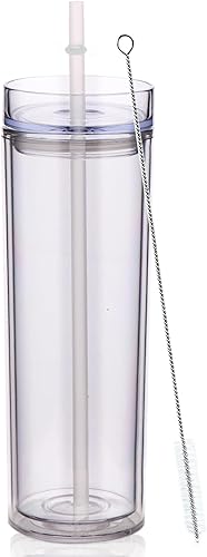 Miniatura 31 de Volhoply Paquete de 4 vasos delgados de plástico de 20 onzas, vaso de doble pared con tapa y pajilla, taza de café helado de viaje, reutilizable