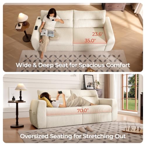 Image of 88.6 inch Modern Storage Loveseat Sofa, Small Couches for Living Room, Beige | Corduroy, USB Charging, Pull-Out Storage, Deep Seat, Comfy Love Seat for Small Spaces, Apartment, Bedroom, Dorm, Office