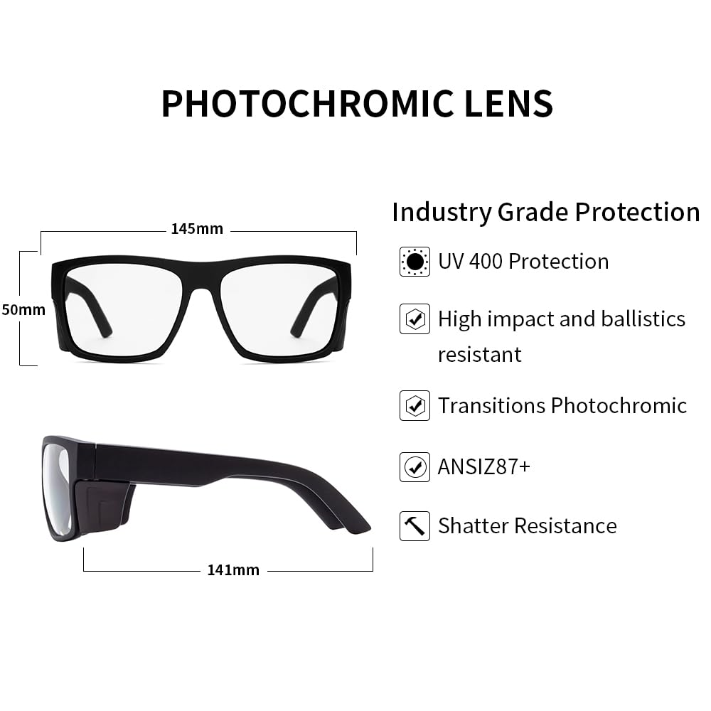 Gafas de sol de seguridad para hombre, color negro mate, lentes de sol de seguridad polarizadas, cumplen con las normas ANSI Z87+, protección UV, Fotocromático (sin polarizar)