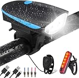 Conjunto de Faros LED Bicicleta Recargable USB - Kit Luz Delantera/Trasera + 4 Luces de Rueda con Campana 120dB,...