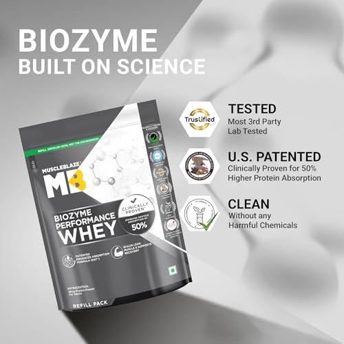 Image of MuscleBlaze Biozyme Performance Whey Protein Powder, Unflavoured (1kg Refill Pack) | 25g Protein Per Scoop | Clinically Tested 50% Higher Protein Absorption