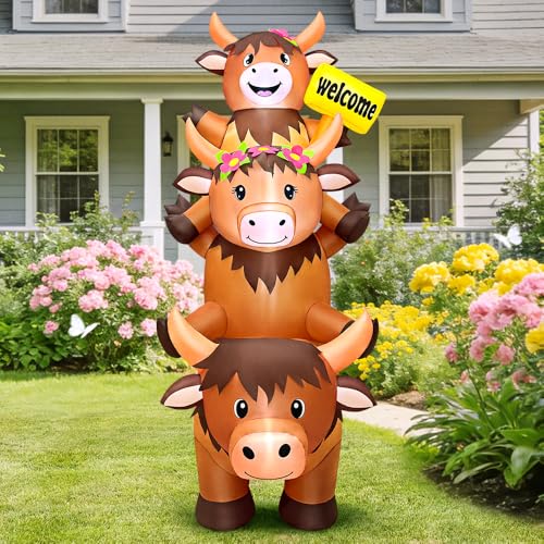 KOOY 6FT Spring Easter Highland Cow Inflatable Outdoor Decoration Highland Cattle Stacked Blow Up Farm Decor Inflatable Cow with Built-in LED Lights for Spring Garden Farm Themed Party