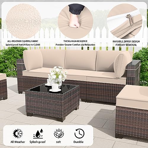 Image of 7 Pieces Outdoor Patio Furniture Set,Outdoor Sectional Furniture All Weather PE Rattan Wicker Patio Conversation Set with Coffee Table and 6 Thickened Cushions,Sand
