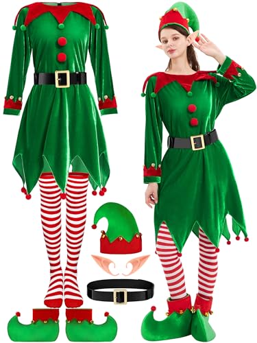 FancyFun 6 Pack Elf Costume for Women Christmas Outfit Velvet Dress Santa's Helper Costume Belt Socks Elf Hat Shoes Cosplay