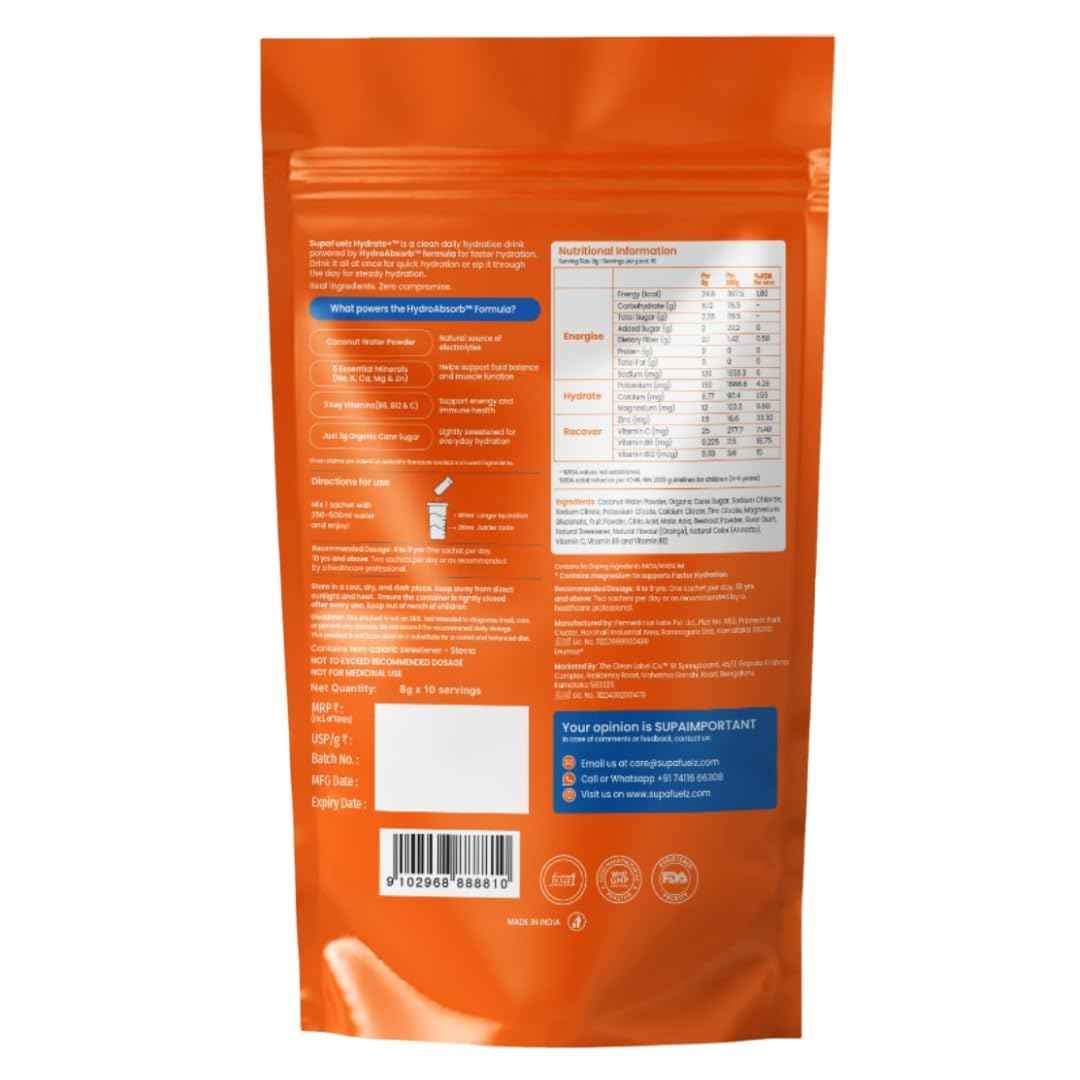 Hydrate+ Kids Hydration Drink Mix Combo Pack | 5 Electrolytes + Vitamins C, B6 & B12 | Coconut Water Powder | Just 2g Organic Cane Sugar | Juicy Mango (10 Sachets) + Tangy Orange(10 Sachets) — Amazon image 3
