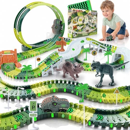 Autorennbahn ab 4 5 6 7 8 Jahre, Flexibles DIY Gleis-Set Flexible Track | Kran Spiele (360°Dino Rennbahn)
