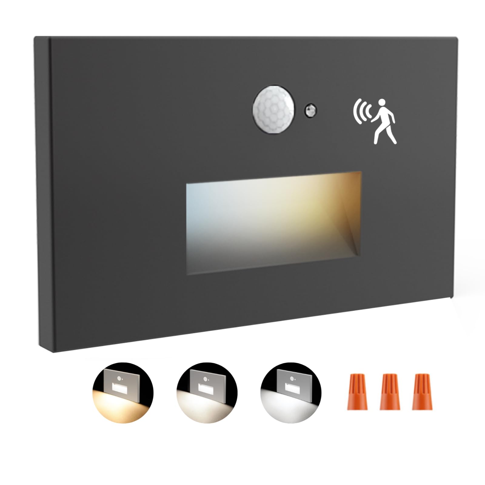 Luces LED de paso con sensor de movimiento, 3CCT 120V con cableado, luz de escalera para interiores y exteriores, 3.5W 150LM 5%-10