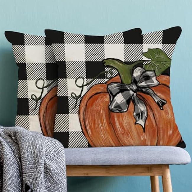 Fall Pillow Covers 18x18 Inch Set of 2 Autumn Buffalo Plaid Pumpkin Throw Pillow Covers Harvest Thanksgiving Pillow Cases Outdoor Decor for Living Room Bedroom Linen Square Cushion