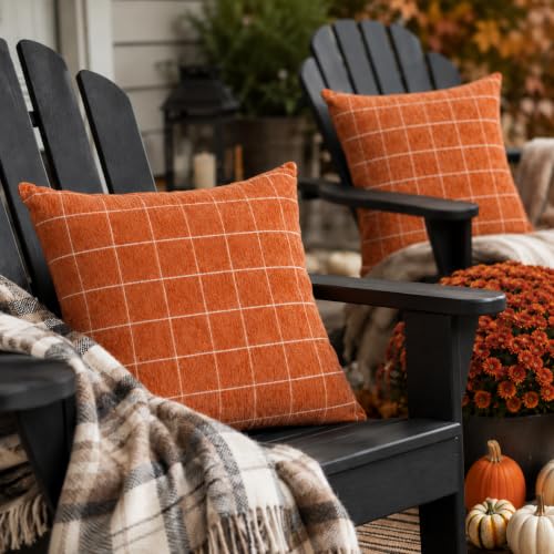 Image of Fall Pumpkin Chenille Pillow Covers, Autumn Decor(Orange,18x18) | Double-sided pumpkin and plaid designs, thick chenille texture, hidden zipper, for couch, sofa, bed, farmhouse autumn decor