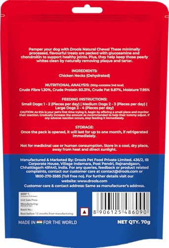 Image of Drools Dog Treats, Dehydrated Real Chicken Chews Necks, 70g, All Life Stages, Bone