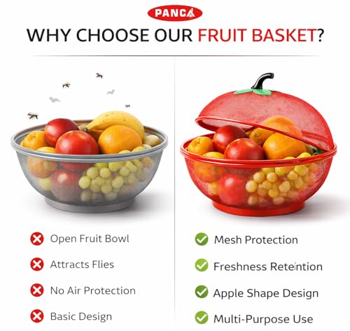 Image of PANCA Fruit Basket for Kitchen Apple Shape with Net Cover | Fruit & Vegetable Storage Stand for Dining Table | Red Fruit Bowl for Home, Kitchen Counter & Daily Use