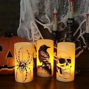 Eldnacele halloween flickering candles with skull spider web crow raven decals set of 3 battery operated halloween themed led candles horror spooky decoration  urban country home decor