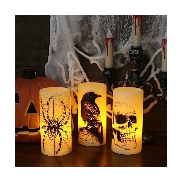 Eldnacele halloween flickering candles with skull spider web crow raven decals set of 3 battery operated halloween themed led candles horror spooky decoration  urban country home decor