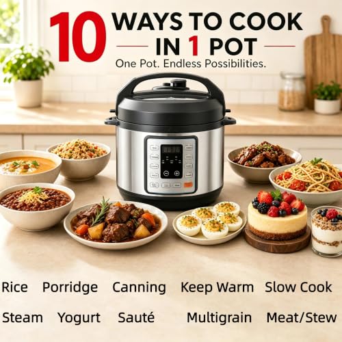 Image of Simple Deluxe 10-In-1 Electric Pressure Cooker, 3QT Instant Multi Cooker, Olla de Presion Nonstick Pot 3 Quarts for Slow Cook, Rice Cook, Steam, Saute, Canning, Yogurt Maker, Warm, Silver