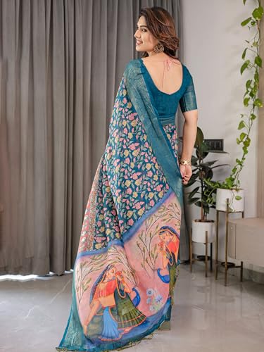 Image of ALMAARI FASHION Handloom Cotton Saree, Teal Blue with Pink-Yellow Floral Print, Silver Zari Border, 5.5 Metres