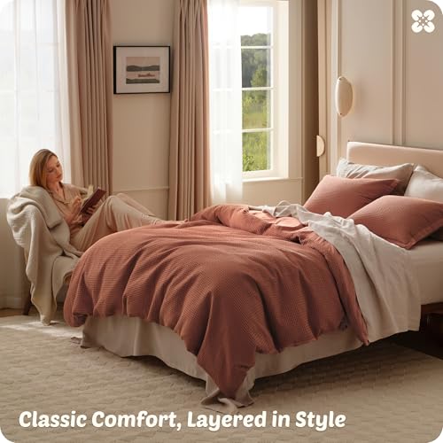Image of Bedsure Cotton Duvet Cover Queen - 100% Cotton Waffle Weave Burnt Orange Duvet Cover Queen Size, PureWoven Breathable Bedding Set for All Season, 3 Pieces, 90 inchx90 inch