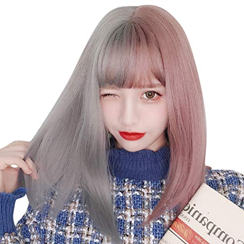 TEEMI-Two Tone Short BOB Straight Wigs Natural Synthetic Hair Lady Girl Cosplay Party Full Wigs (Purple and Grey)
